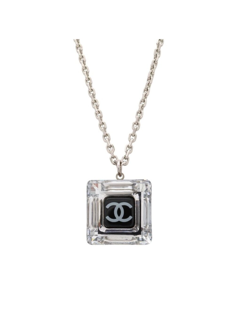 Chanel CC Logo Square Cube Pendant Metal Plastic Silver Clear Black